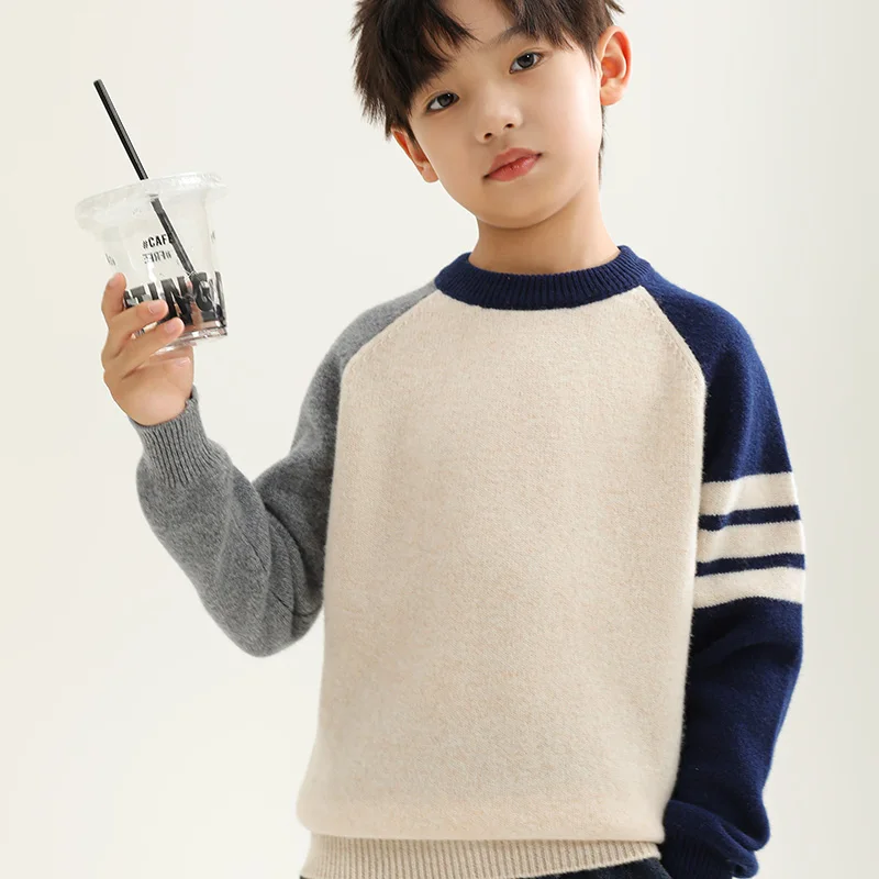 

Unisex Style 100% Merino Wool Sweater Autumn And Winter Pullover Long Sleeve O-Neck Basic Children's Clothing Tops