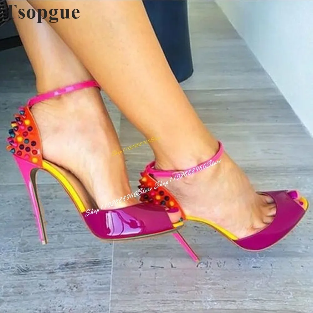 

Mixed Leather Colorful Rivets Shallow Sandals Thin High Heel Shoes For Women Ankle Buckle Strap Peep Toe Stylish Women Sandals