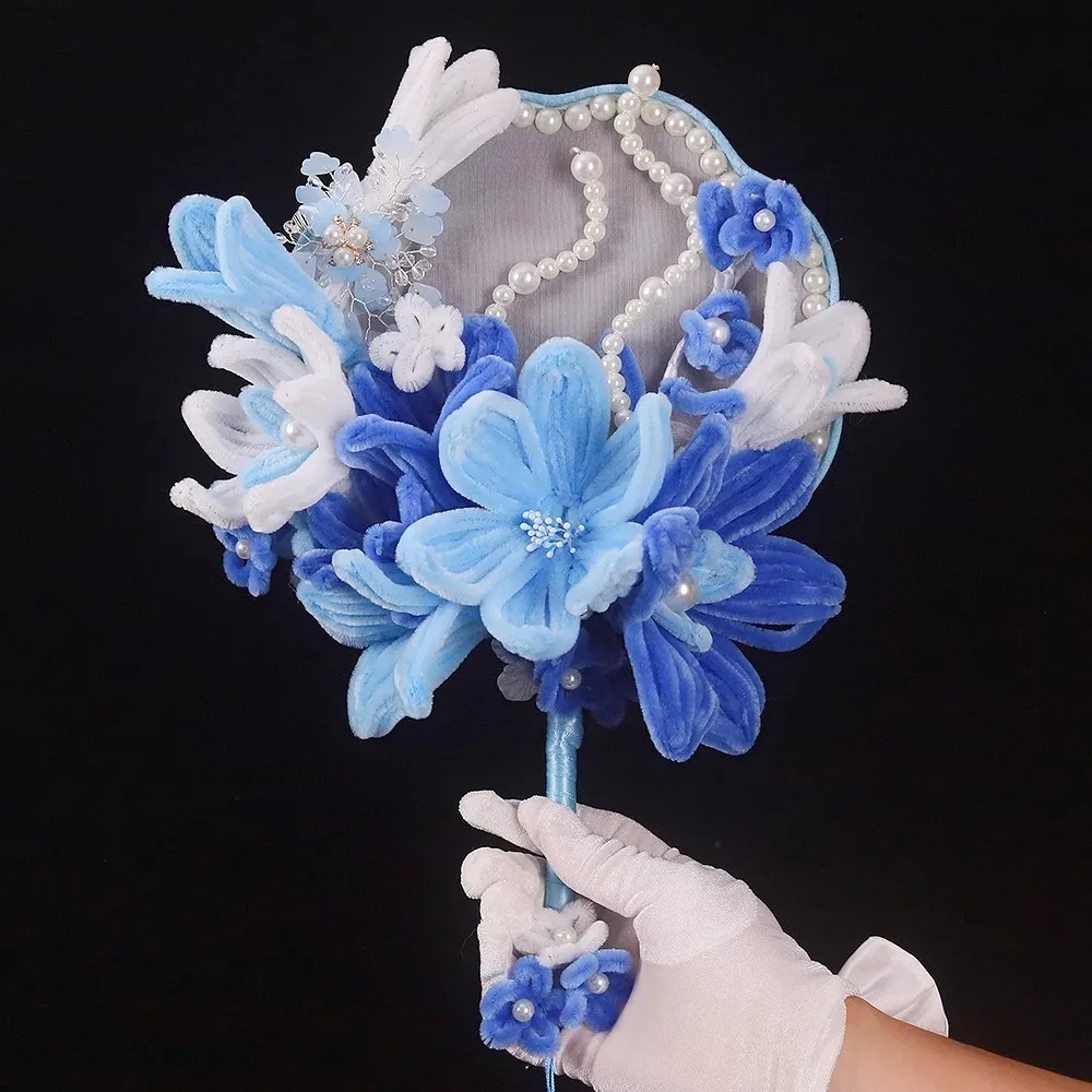 

JaneVini Newest Design Blue Velvet Flowers Bridal Fan Chinese Style Bride Wedding Bouquet Pearl Tassel Hanfu Photography Props