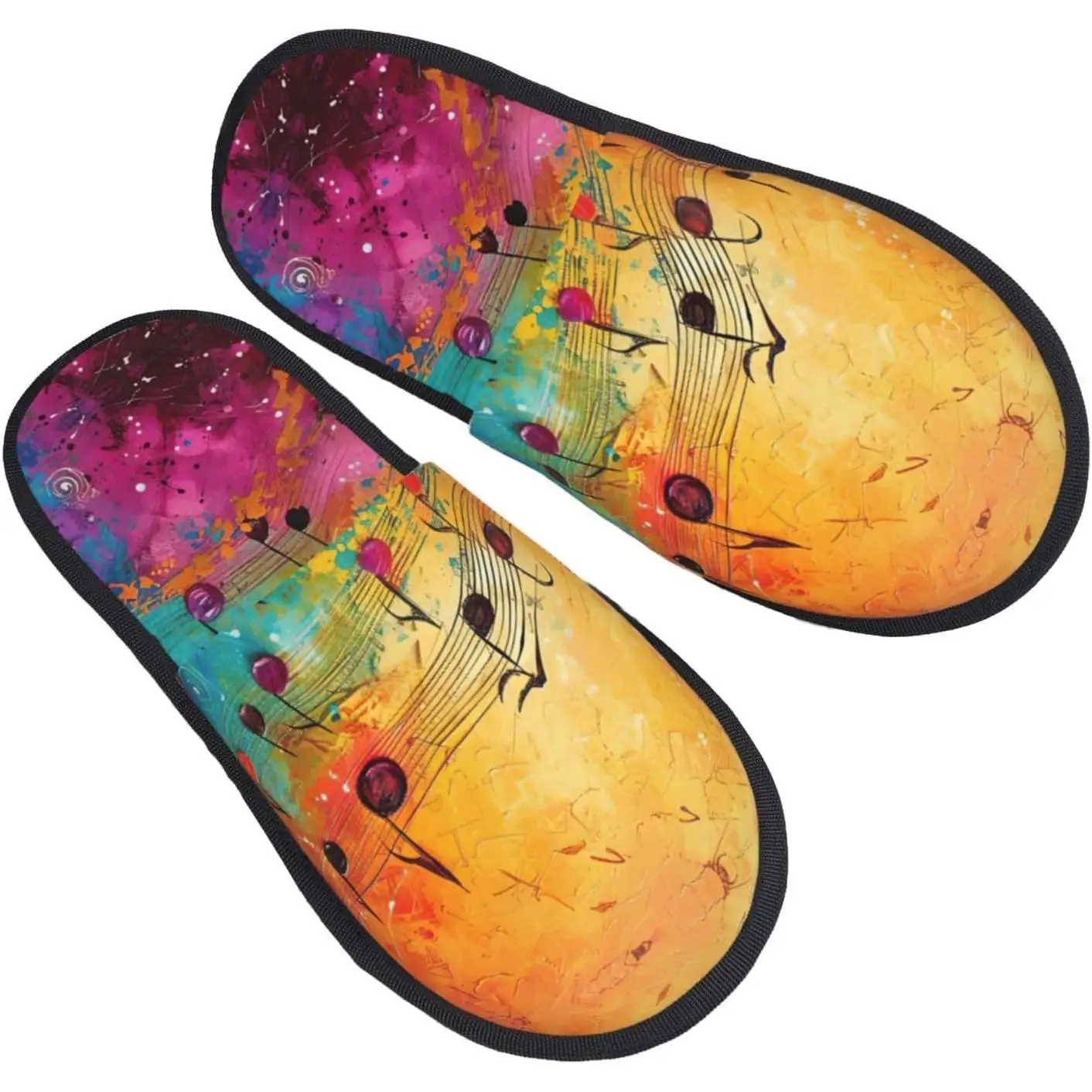 Colorful Music Notes printing Fall Winter Fuzzy Slippers Comfy House Shoes,Portable for Hotel Travel Gifts for Women and Men