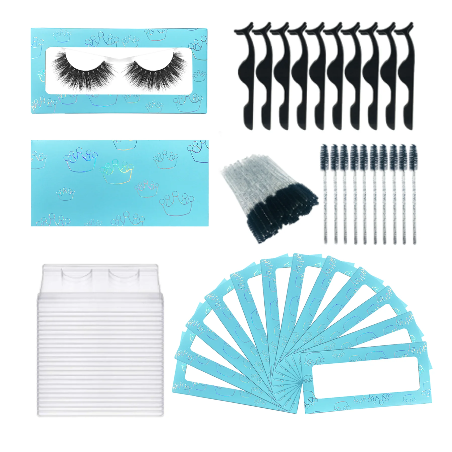 Wholesale Eyelashes Paper Box With Lash Trays Brush Tweezers Applicator For Fluffy Natural Long Wispy Strip Mink Lashes