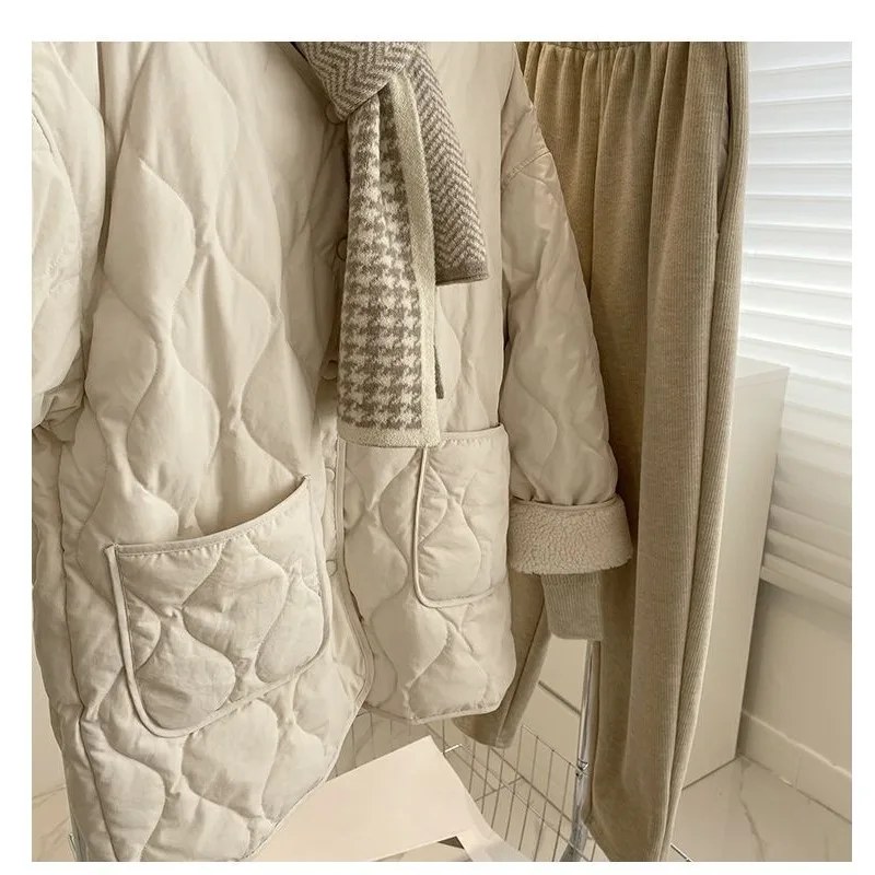 Autumn Winter Parkas Quilted Jacket Women Warm Lightweight Cotton Coat Lambswool Patchwork Long Sleeve Single-breasted Jacket