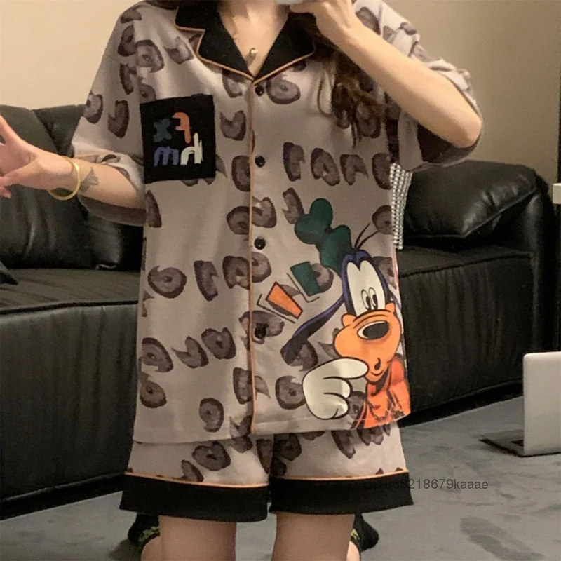 Disney Goofy Female Summer New Pajamas Cartoon Print Leisure College Dormitory Style Home Suit Korean Version Fashion Sleepwear