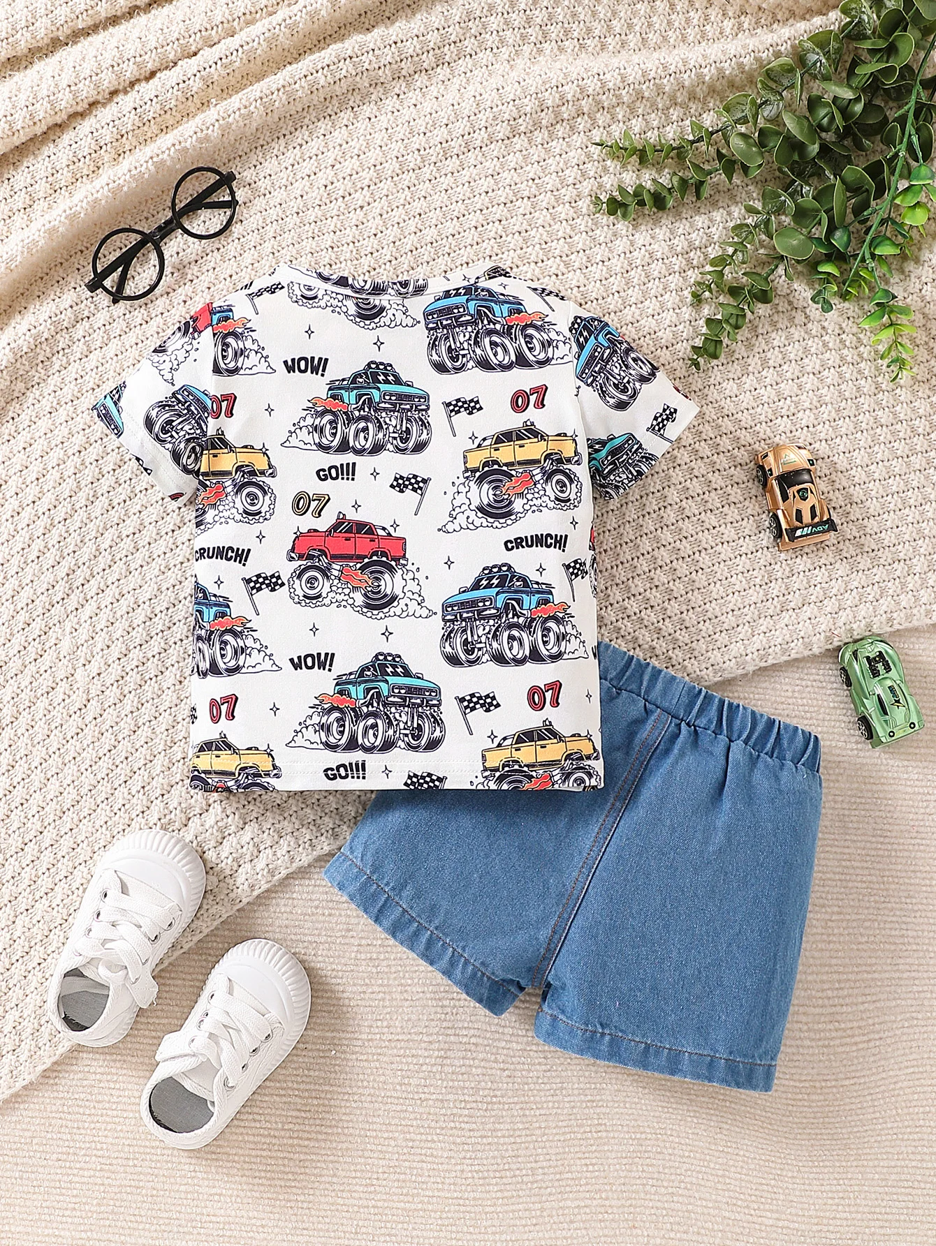Toddler Boys Monster Truck Printed Short Sleeve Top Elastic Waist Distressed Denim Shorts Fashion Casual Summer Suit 6M-4Y