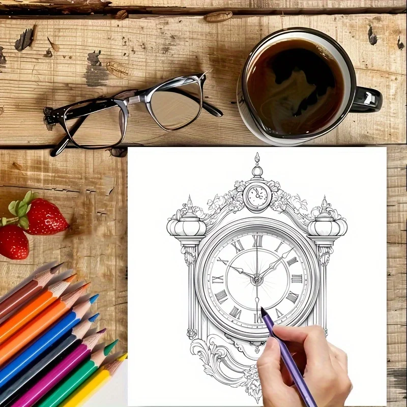 28-seitiges Malbuch mit Vintage-Uhren für die Stressreduzierung bei Erwachsenen |   Malbuch zur Stressabbau und Stimmungsreduzierung zum Valentinstag