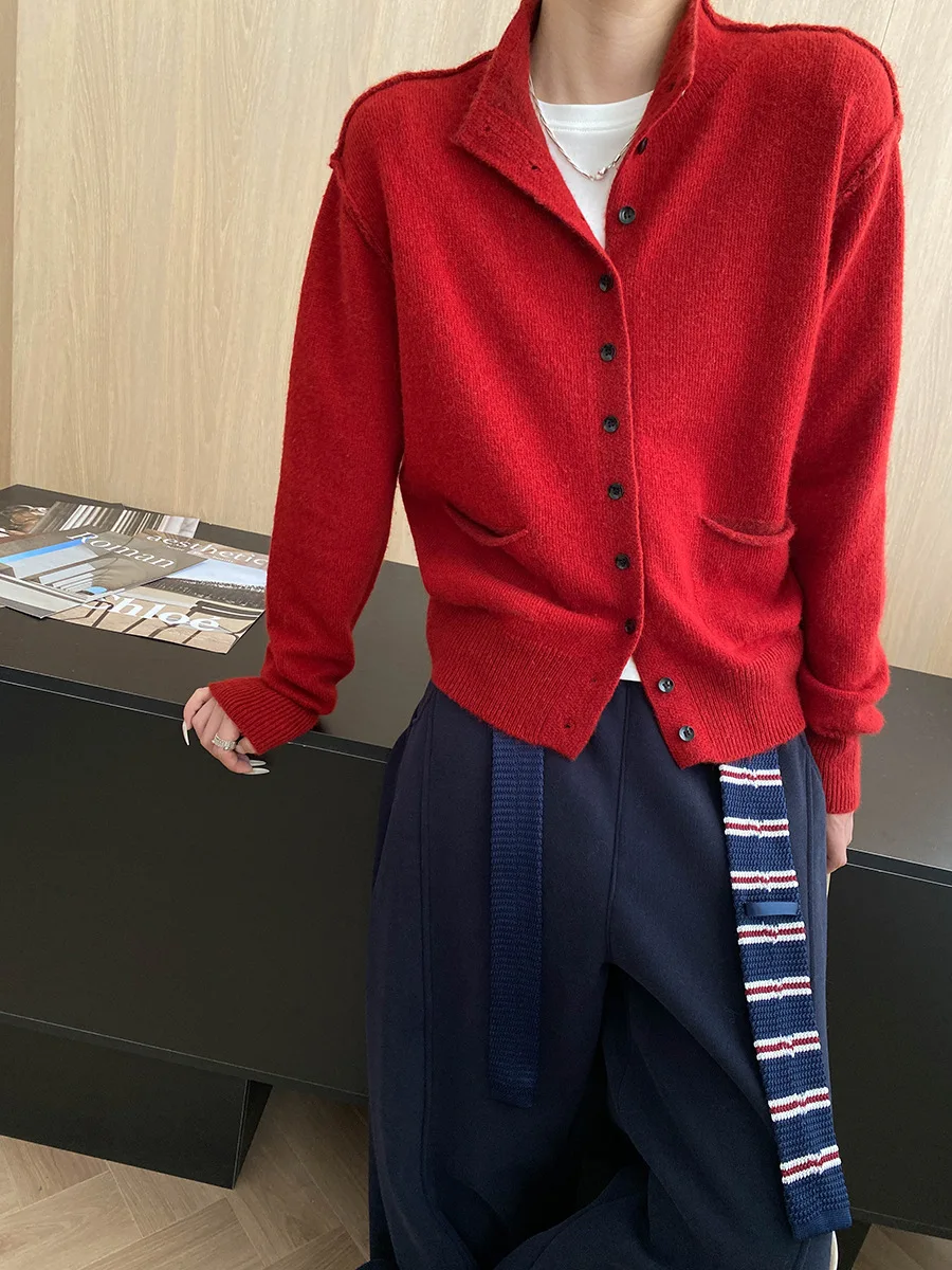 Cárdigan de punto adelgazante suelto con un solo pecho y cuello levantado con diseño de nicho de color sólido informal para mujer