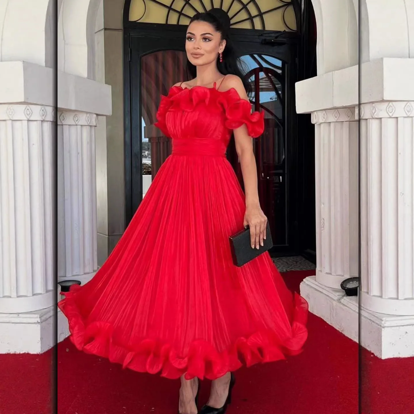 

QMANSHA 2026 Red Ruffle Off Shoulder Pleated Midi Evening Dress A-Line Elegant Wedding Guest Cocktail Party Gown for Women