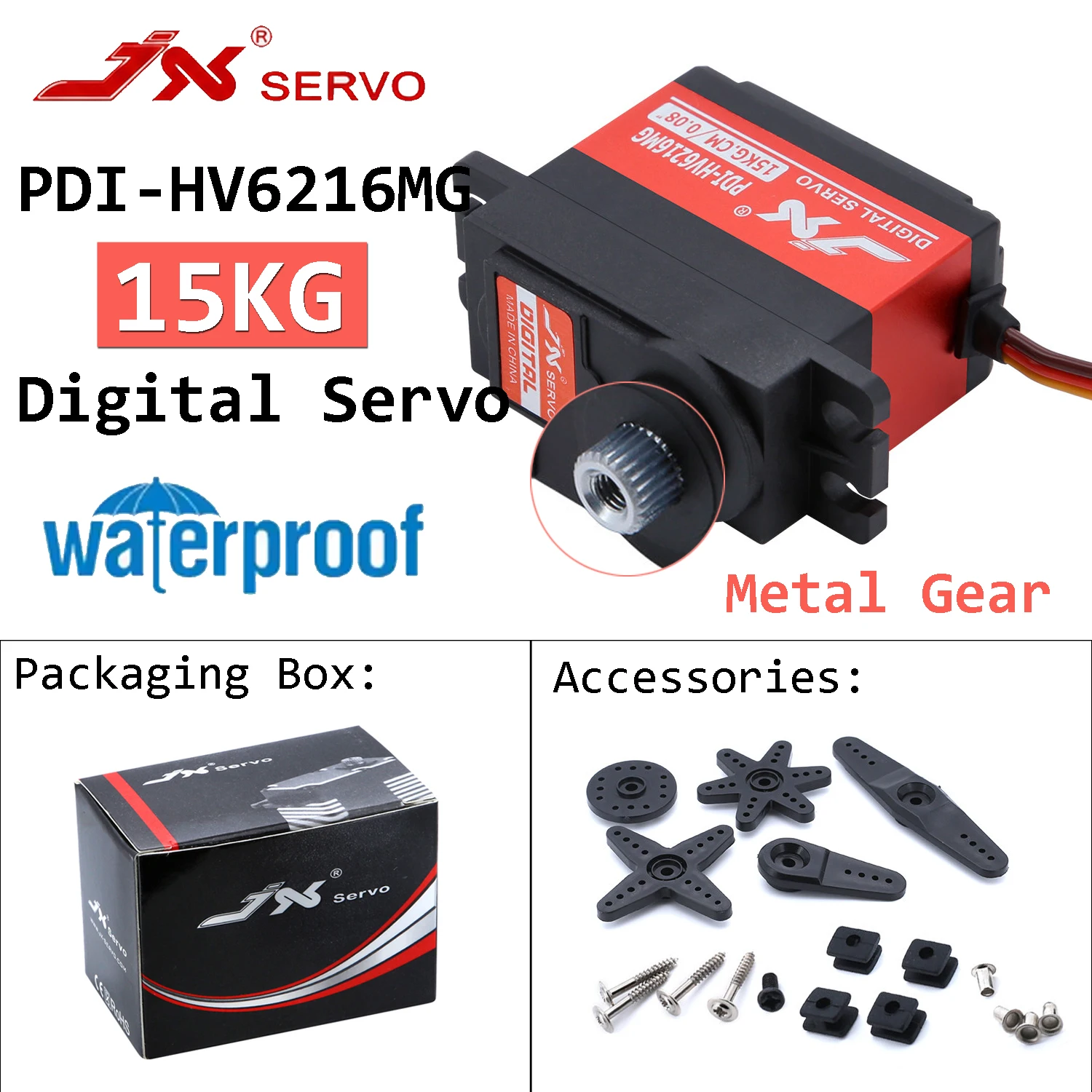 JX Servo PDI-HV6216MG 15KG Digital Waterproof High Torque Metal Gear HV Servo 8.4V 0.08s for RC Car Crawler Airplane Aircraft