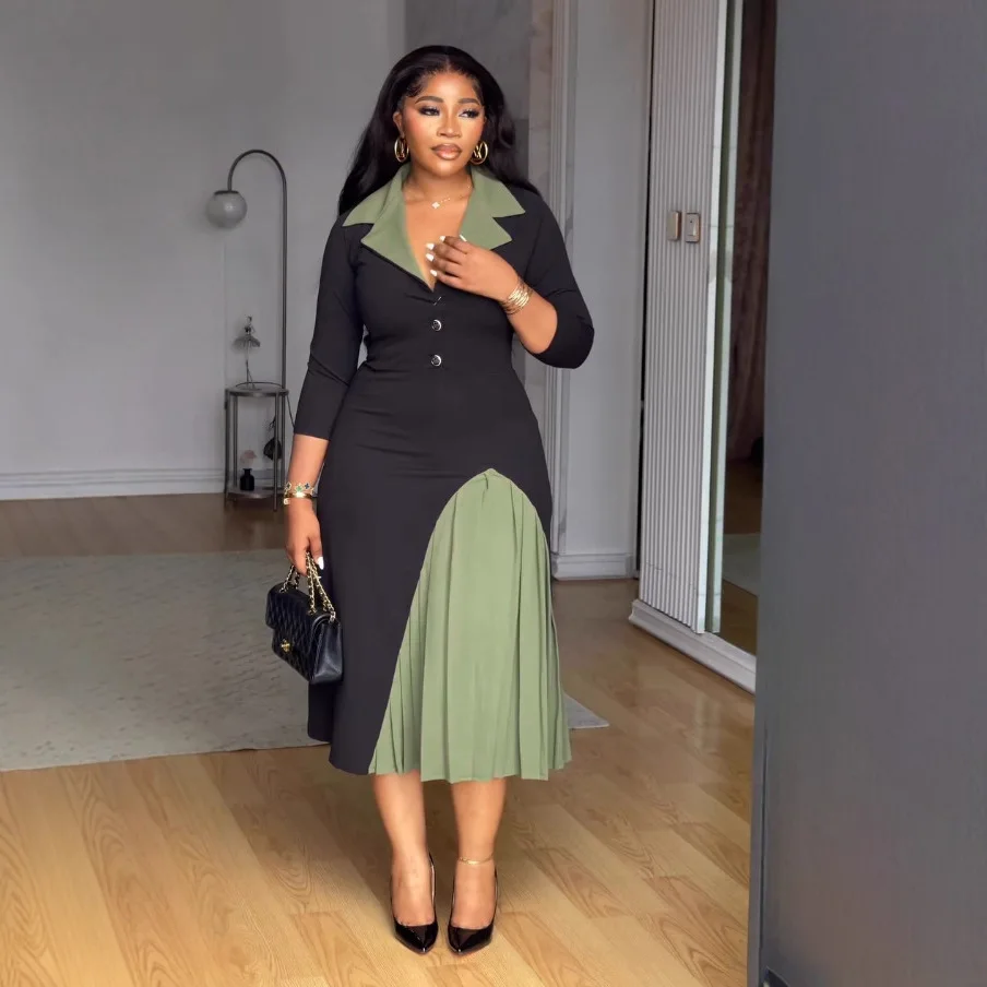 

Elegant Commuter Lapel Dress Casual Cinched Waist Elastic Pleated Color-Block Women's Fashion Workwear