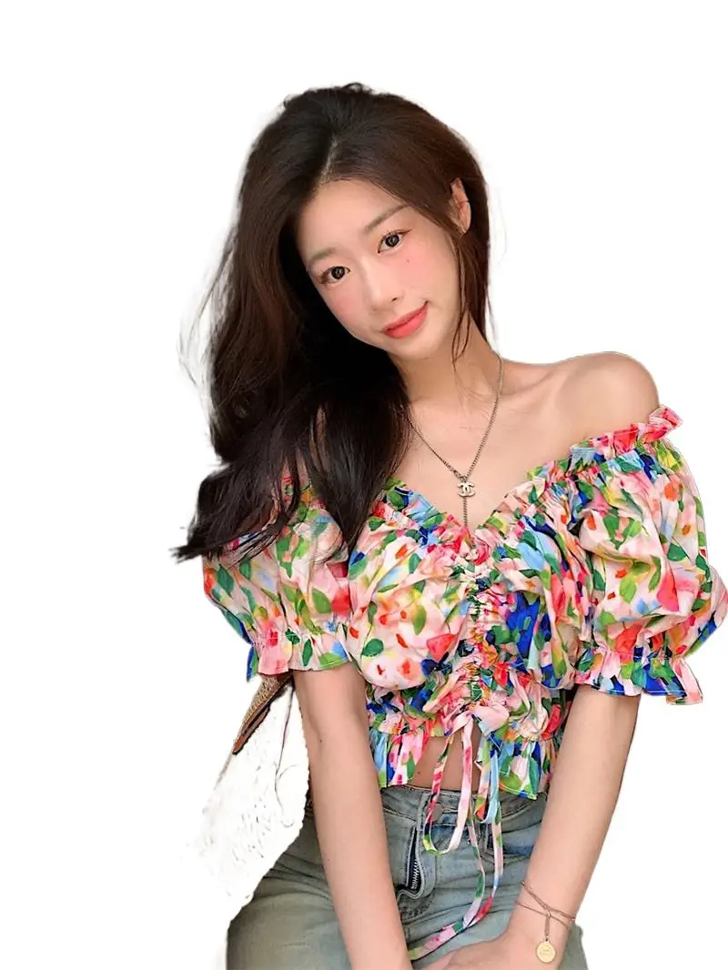 

Korean fashion women streetwear sweet shirring cotton shirts Summer sexy slash neck off shoulder Flower printed crop tops 2XL