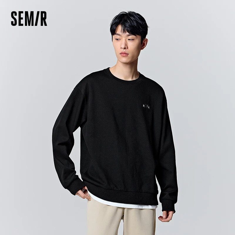 Semir Sweatshirt Men Autumn Fake Two-Piece Campus Style Embroidery Top Simple Commute Elastic Dropped Shoulder Casual Clothing