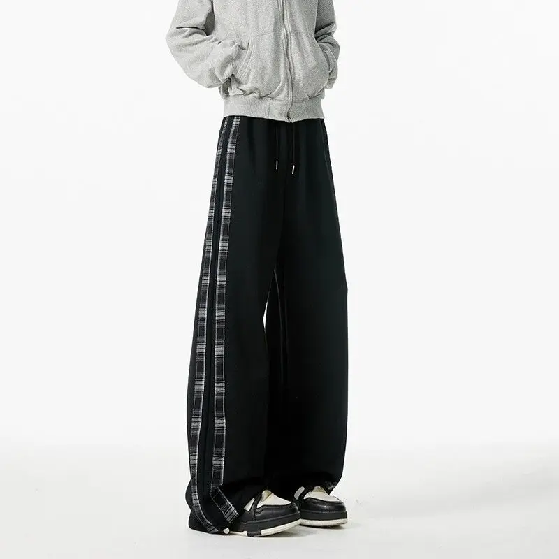 

Мужские спортивные брюки в американском винтажном стиле на флисовой подкладке, осенне-зимние, с клетчатым дизайном, свободного кроя, повседневные, прямые штанины