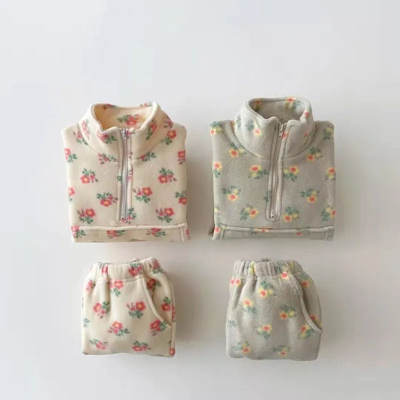 Bellbell Winter Baby Girls 2PCS Clothes Set Floral Printed Fleece Infant Girls Pullovers Suits 1-6Yrs Kids Girls Pants Outfits