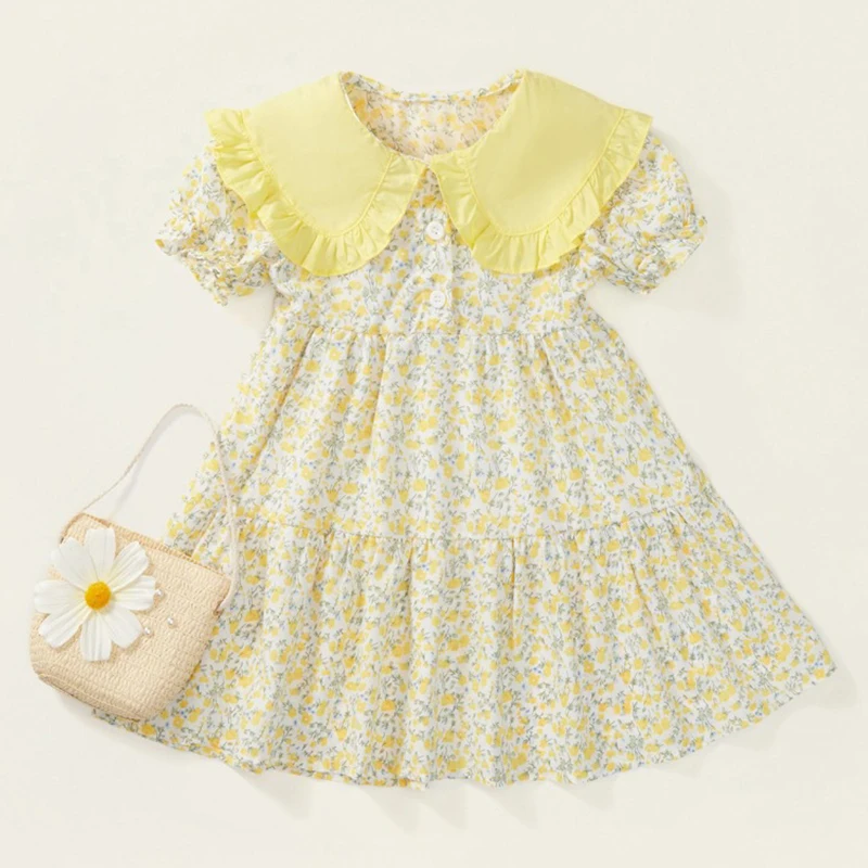

2Piece Summer Princess Dress Kids Clothes Girls Korean Fashion Cute Doll Collar Flowers Short Sleeve Luxury Dresses+Bag BC1483