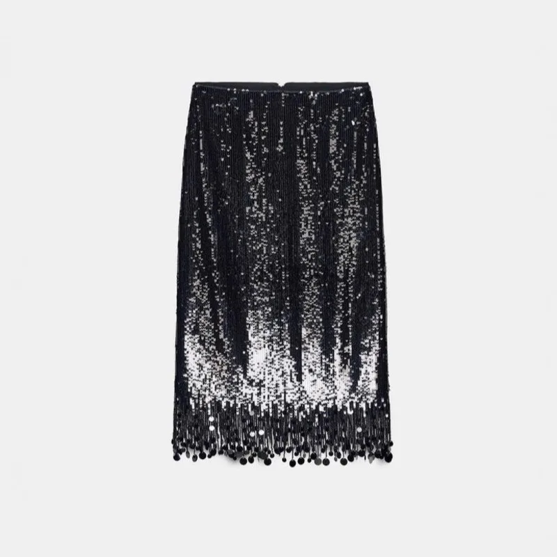 تنورة نسائية عصرية بشرابة ترتر للخريف والشتاء أنيقة من Demeanor بشرابة سوداء بقصة ضيقة عالية الخصر تنانير طويلة للتنقل اليومي