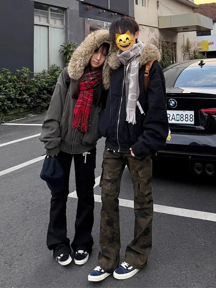 

Ретро-джинсы в американском стиле с камуфляжным принтом и флисовой подкладкой, мужские, в стиле рабочей одежды, прямого кроя, повседневные, для уличной моды