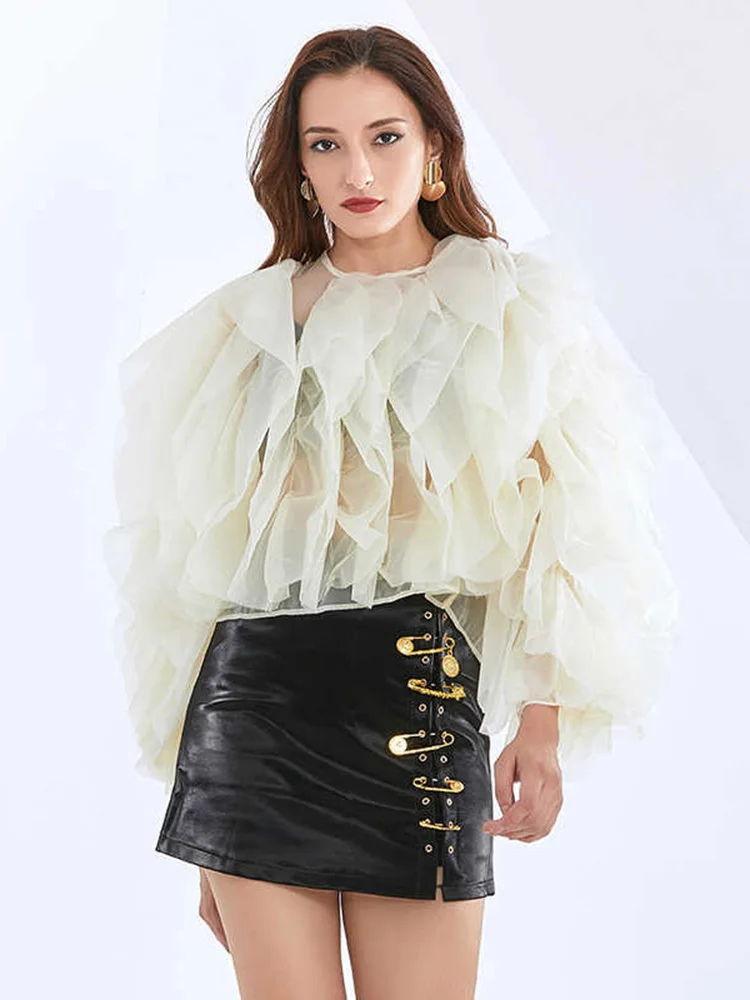 CHICEVER Patchwork Ruffles Solid Blouses For Women Round Neck Lantern Long Sleeve Casual Loose Shirts Female Spring Clothing New