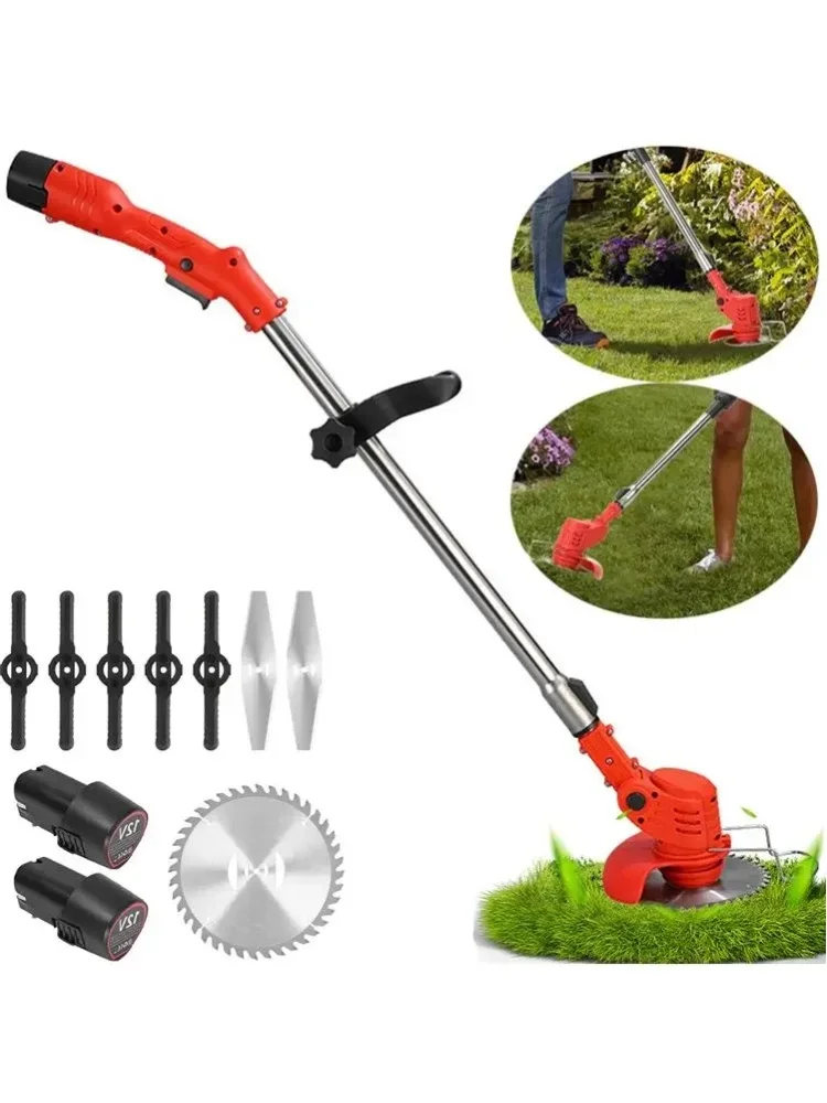 Weed Wacker 12V Akku-Rasentrimmer mit 2 Akkus, 3 Arten Metallklingen, Rasentrimmer mit Motorantrieb, Gartenschere, verstellbarer Stiel-Rasentrimmer für Garten und Rasen, Rot