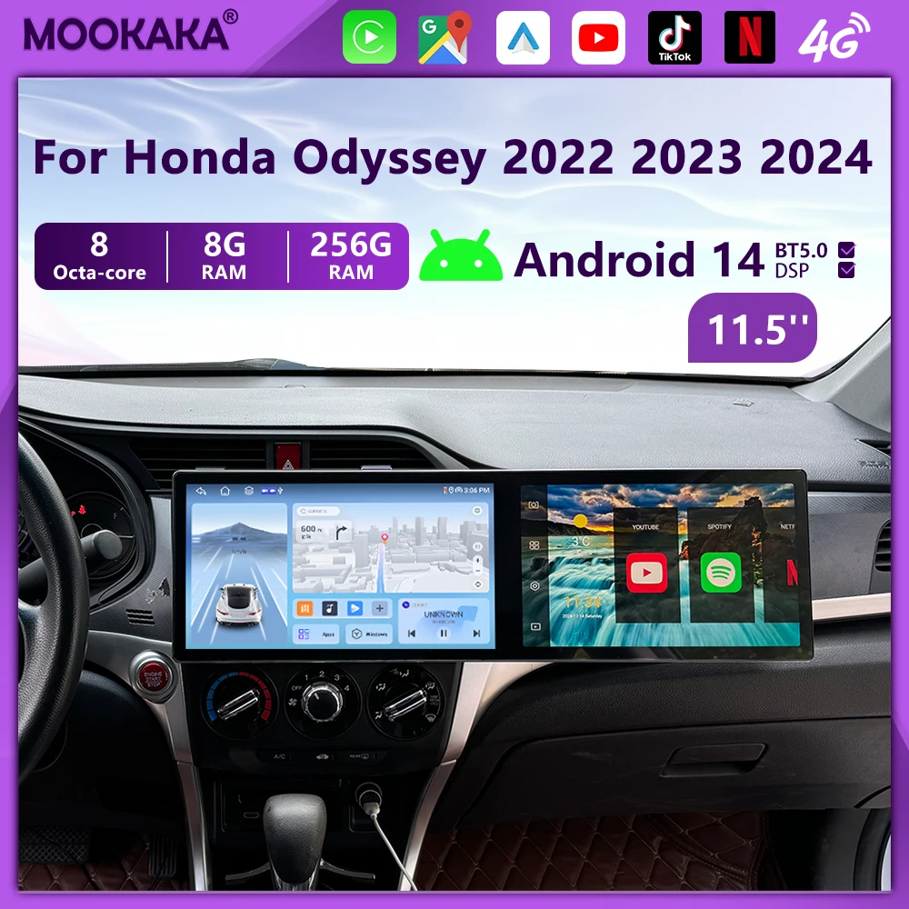 Qualcomm For Honda Odyssey 2022-2024 Android14.0 Carplay Car Radio Stereo Automotive Multimedia GPS Navi Dual Screen Head Unit