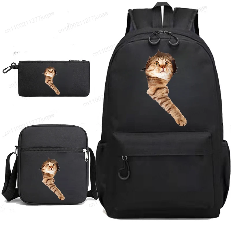 かわいい猫の漫画アニメガールボーイズスクールバッグ新学期バックパック黒バックパックティーンエイジャー用ショルダーランチバッグ3個セット