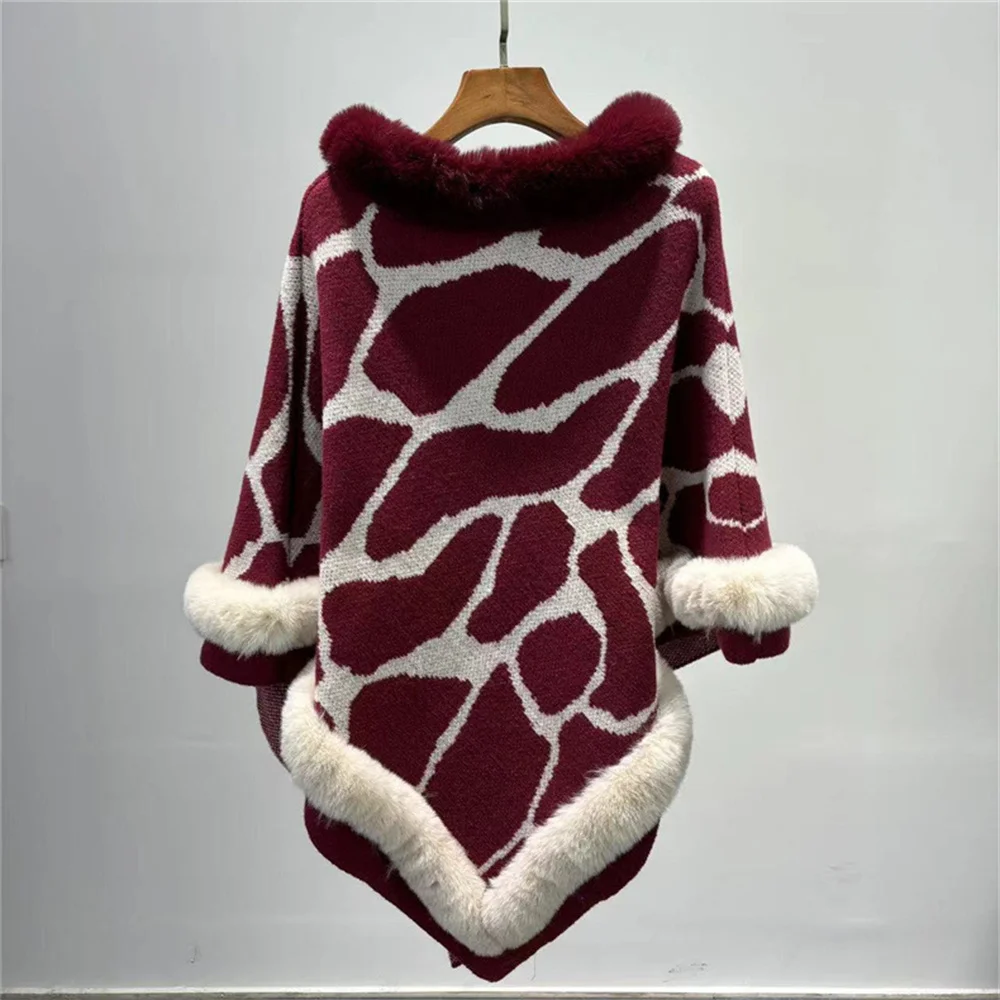 6 Colors Women Cow Printed Poncho Triangle Shawl Outwear Autumn Winter Fashion Faux Rabbit Fur Neck Pullovers Capes Overcoat