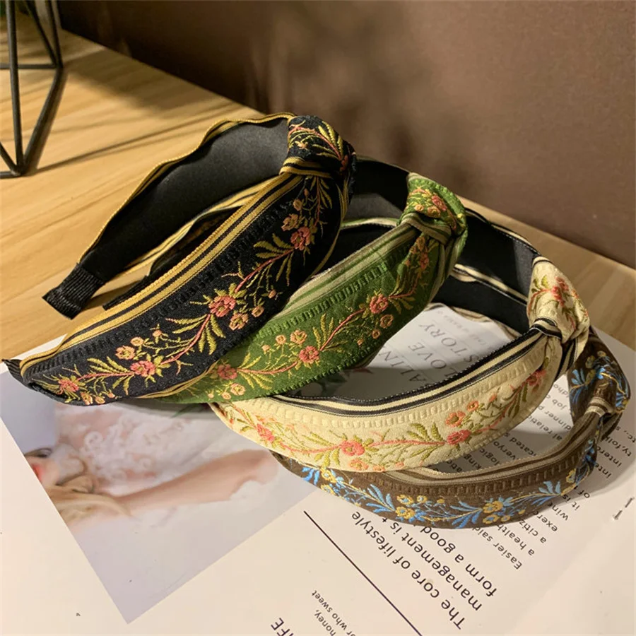 New Retro Female Ethnic Hairband Embroidery Flower Leaf Headband Head Bezel for Women Cross Knotted Hair Hoop Headbands Headwear