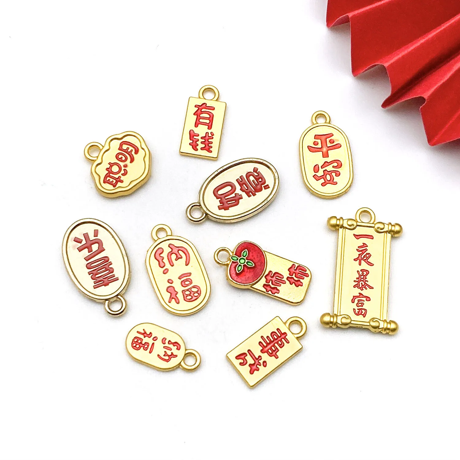 5/10pcs Red Enamel Chinese New Year Charms Alloy Lucky Blessings Pendants for DIY Bracelets Necklaces Jewelry Making Accessories