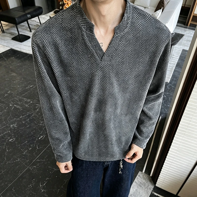 Herren-T-Shirt mit V-Ausschnitt, Fischgrätmuster, langen Ärmeln, einfarbig, lockerer Oversize-Schnitt, weich, lässig, Pullover-Stil. – Detail 17