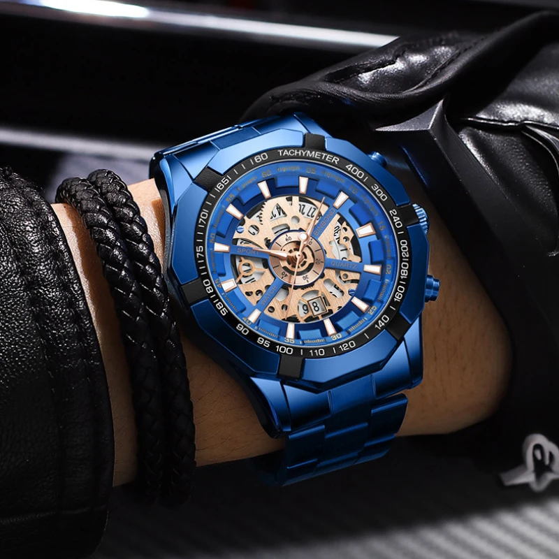 남성용 기어 다이얼 패션 시계, 스테인리스 스틸 캘린더, 탑 브랜드 럭셔리 스포츠 할로우 쿼츠 시계, Relogio Masculino + 박스, 2023 신제품