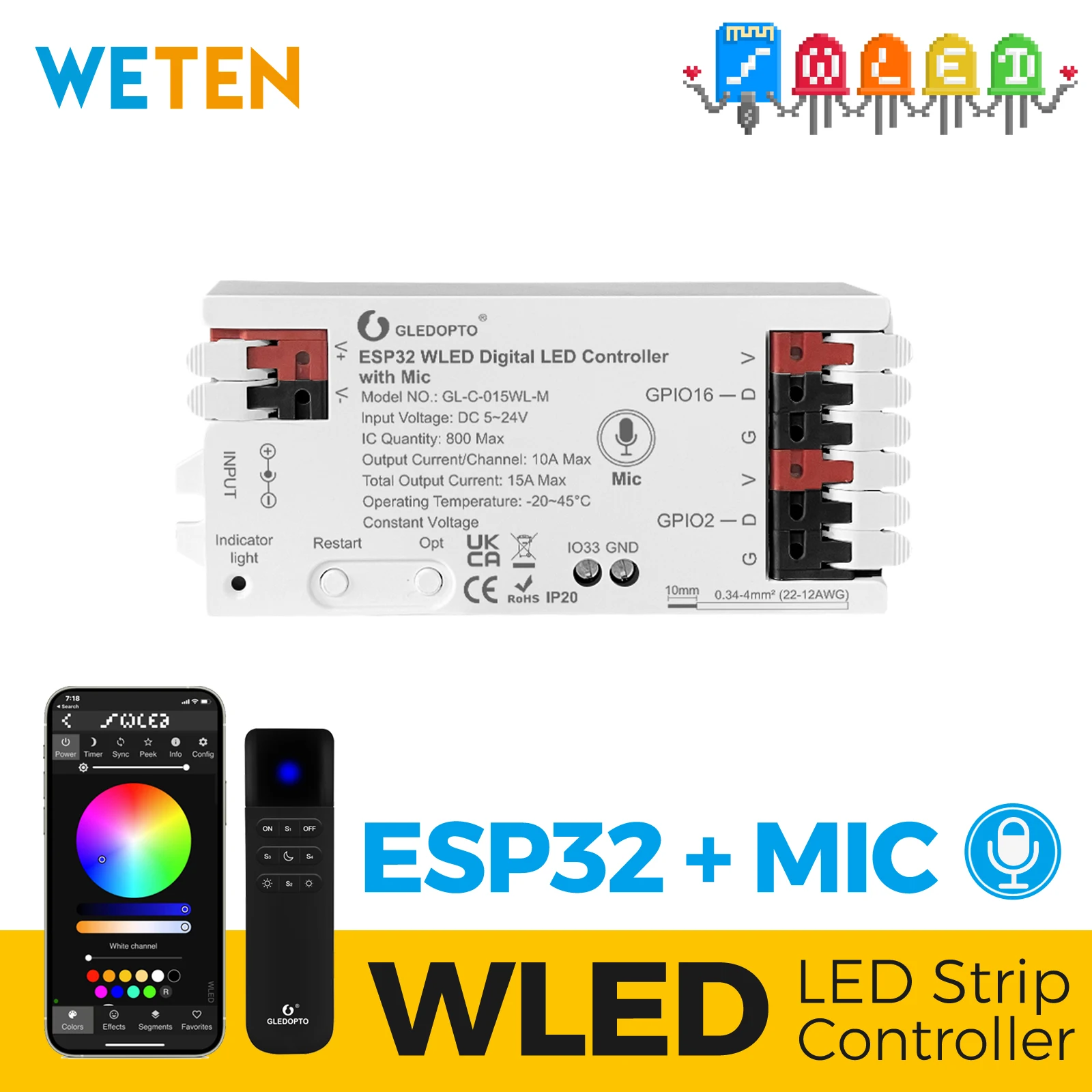 WLED Controller ESP32 with Microphone Sound Reactive Music Sync 5V 12V 24V WLED Remote Control Optional, Work with Alexa