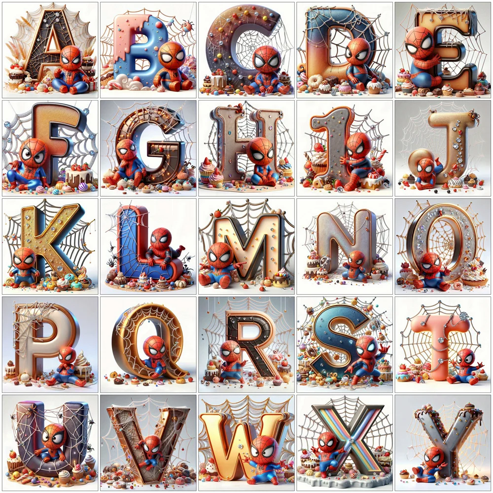 Cartoon voller runder Diamantgemälde Marvel Spider Man Neuankömmling Stickerei 26 Buchstaben Mosaik Alphabet Niedliche Raumdekoration