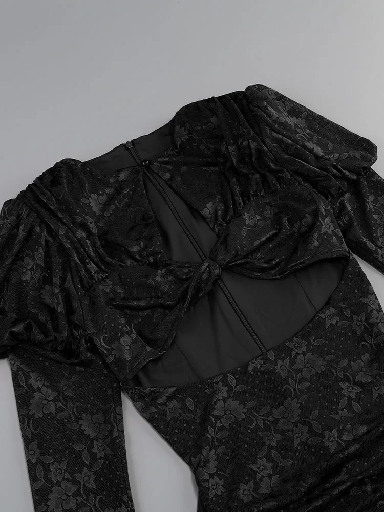 مثير المرأة الدانتيل ثنيات Bodycon فستان قصير قفازات سوداء طويلة الأكمام س الرقبة قطع الدانتيل فستان زهري المغني احتفال فستان النادي