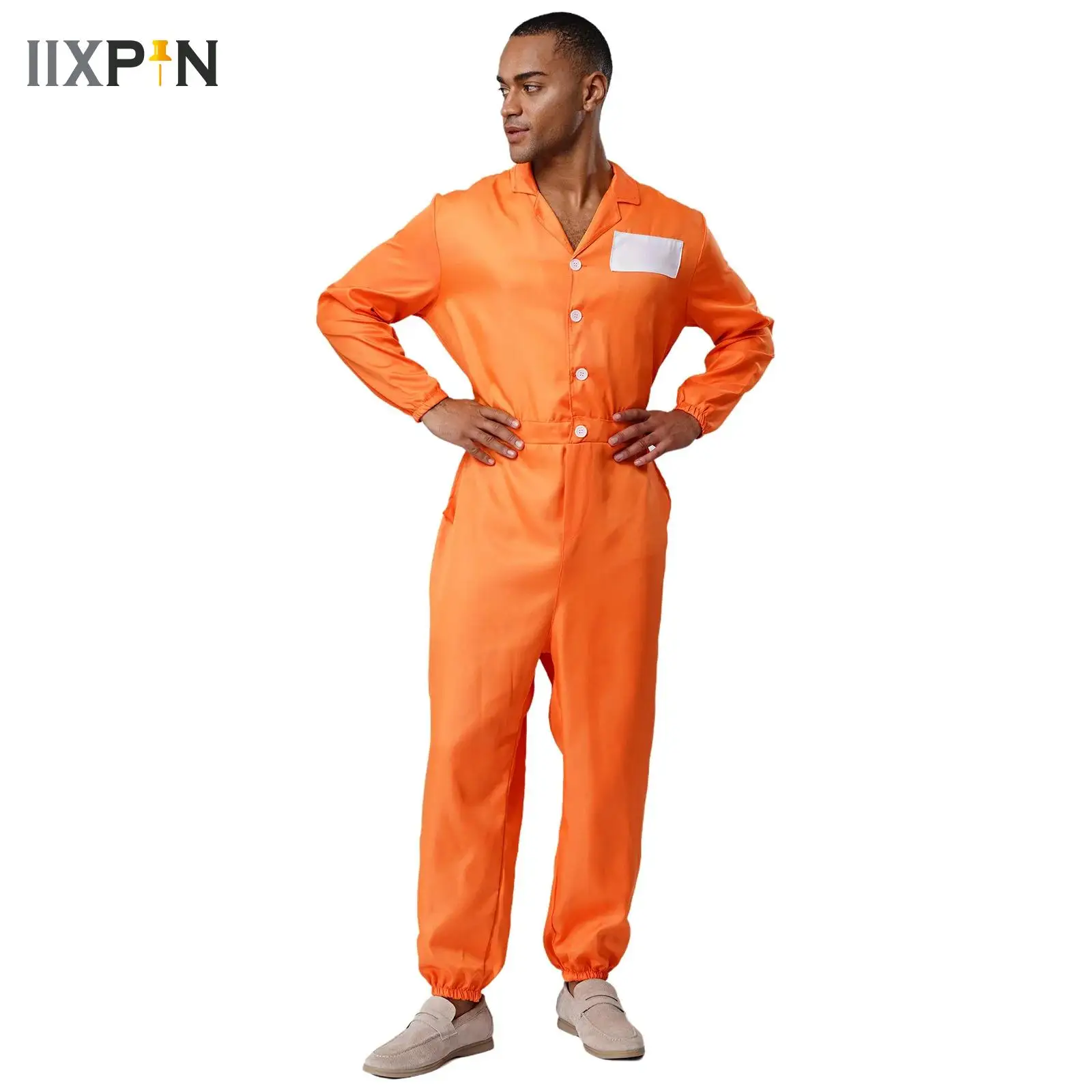

Women Mens Prisoner Cosplay Costume Halloween Orange Jailbird Inmate Jumpsuit One Piece Full Body Suit Prison Overalls Uniform