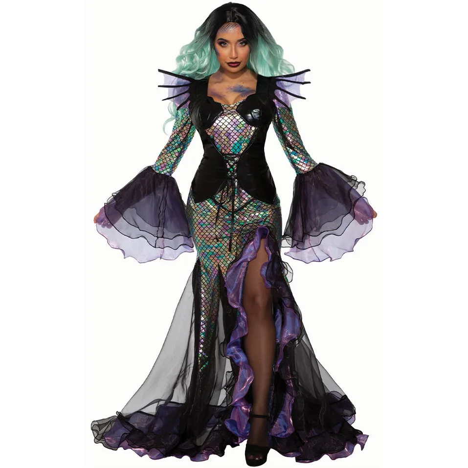 

Women Halloween Cosplay Costume Mermaid Style Dress with Sheer Ruffle Details Fantasy Themed Role Playing Events Party Dress