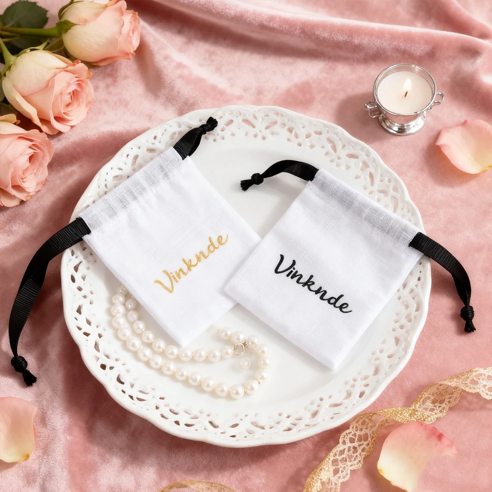 

100pcs Custom Logo White Bamboo Cotton Jewelry Bag With Black Grosgrain Ribbon Canvas Drawstring Ring Earring Bracelet Pouch