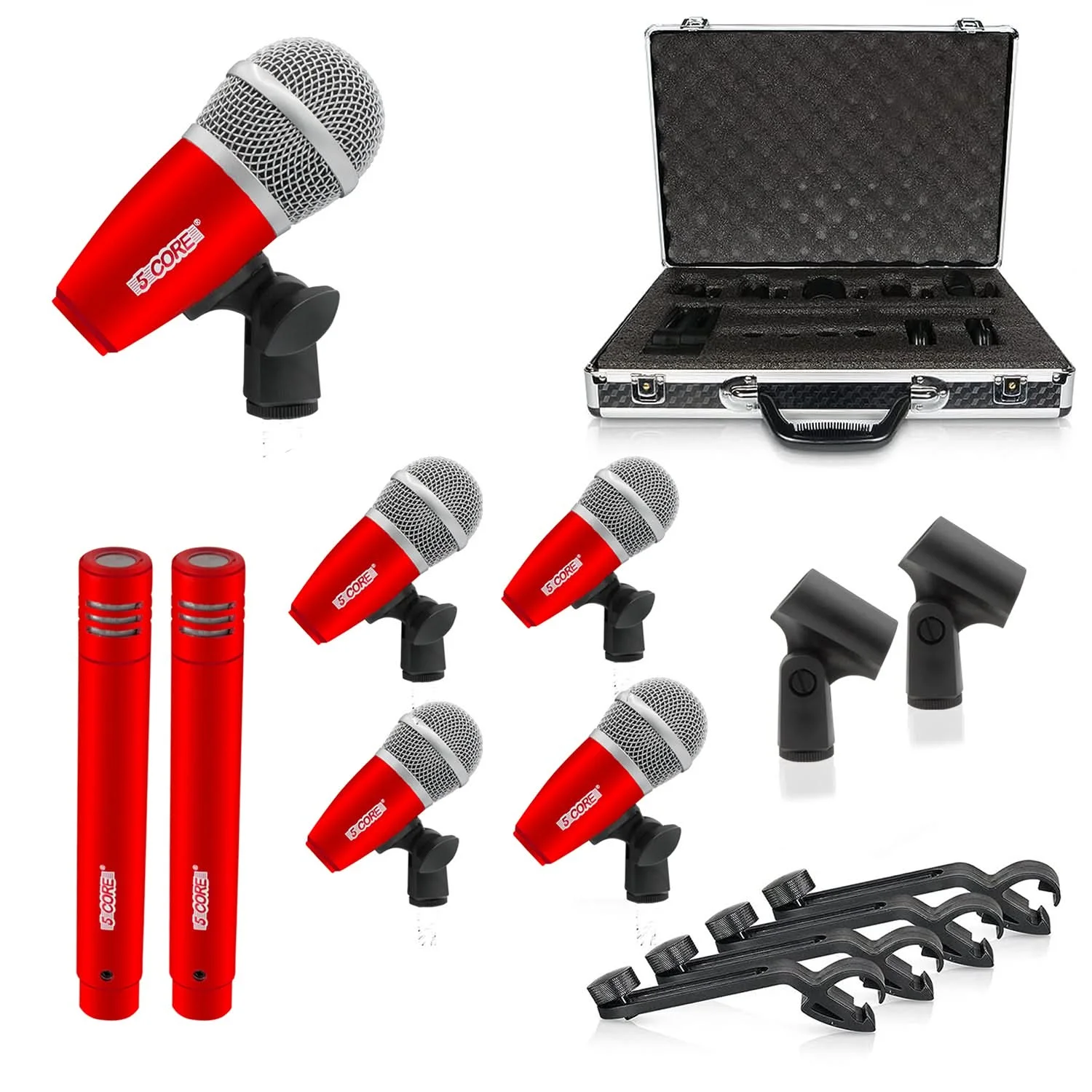 

5 Core Drum Mic Kit 7 Pcs Kick Bass Tom Snare Dynamic Mics Instrument Microphone Set DM 7RND RED