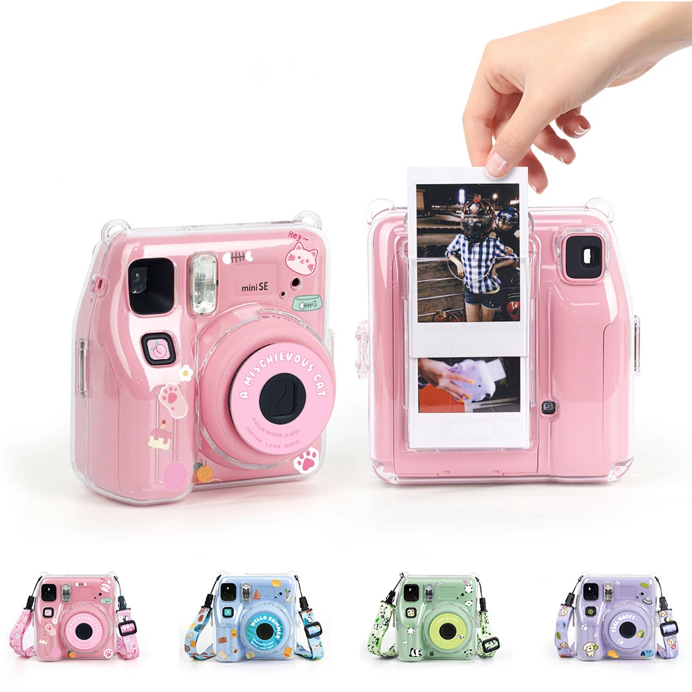 Прозрачный чехол для хранения фотографий Instax Mini SE, защитный чехол, кристально прозрачный чехол, наклейка на ремешок, набор из трех предметов