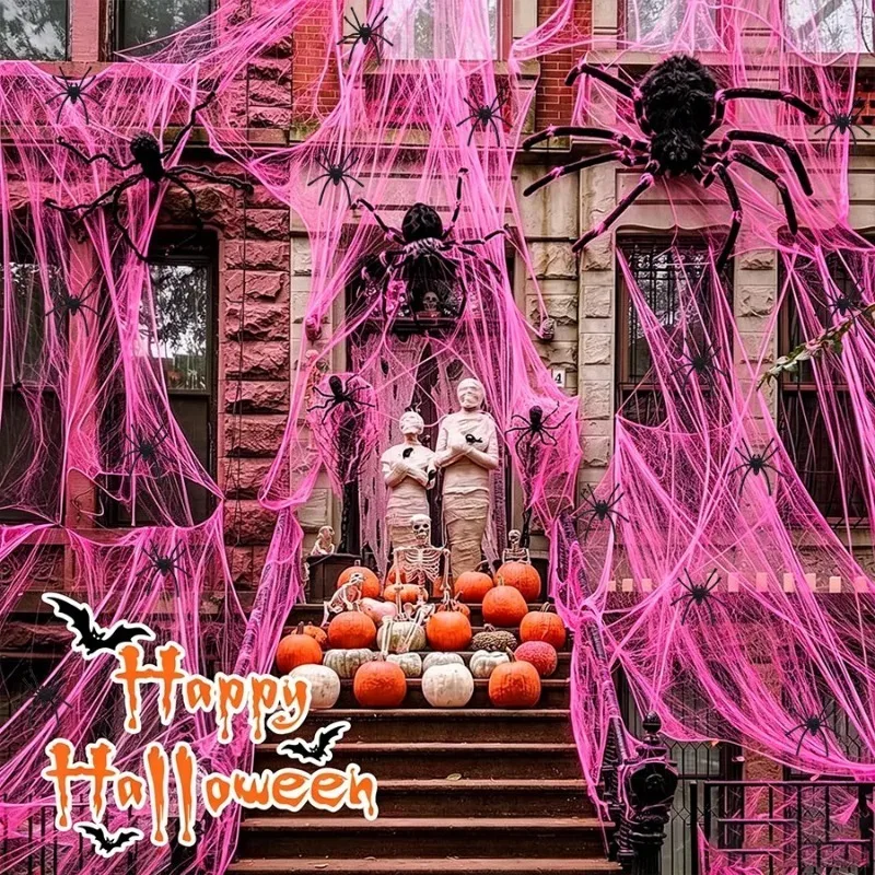 1-4Bags Halloween Pink Spider Web Decor Simulated Cotton Nest Spooky Party Props for Haunted House Escape Room Scene Arrangement