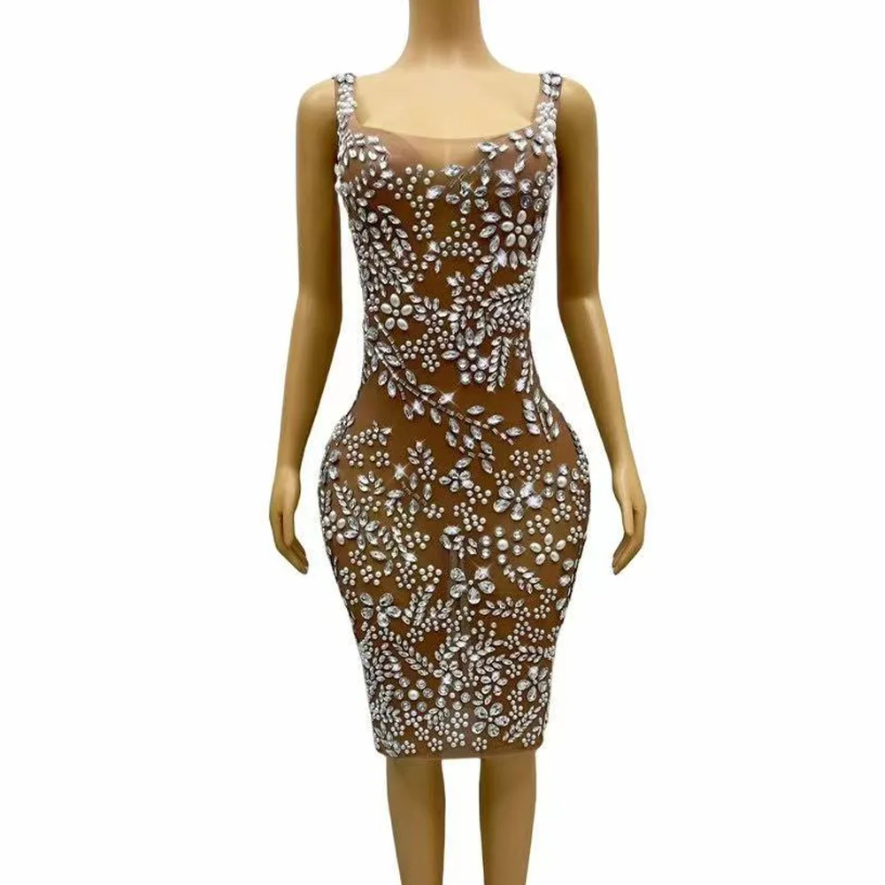 

Sexy Sparkly Rhinestone Sleeveless Short Dress Women Crystals Evening Party Birthday Performance Gowns Drag Queen Stage Wear