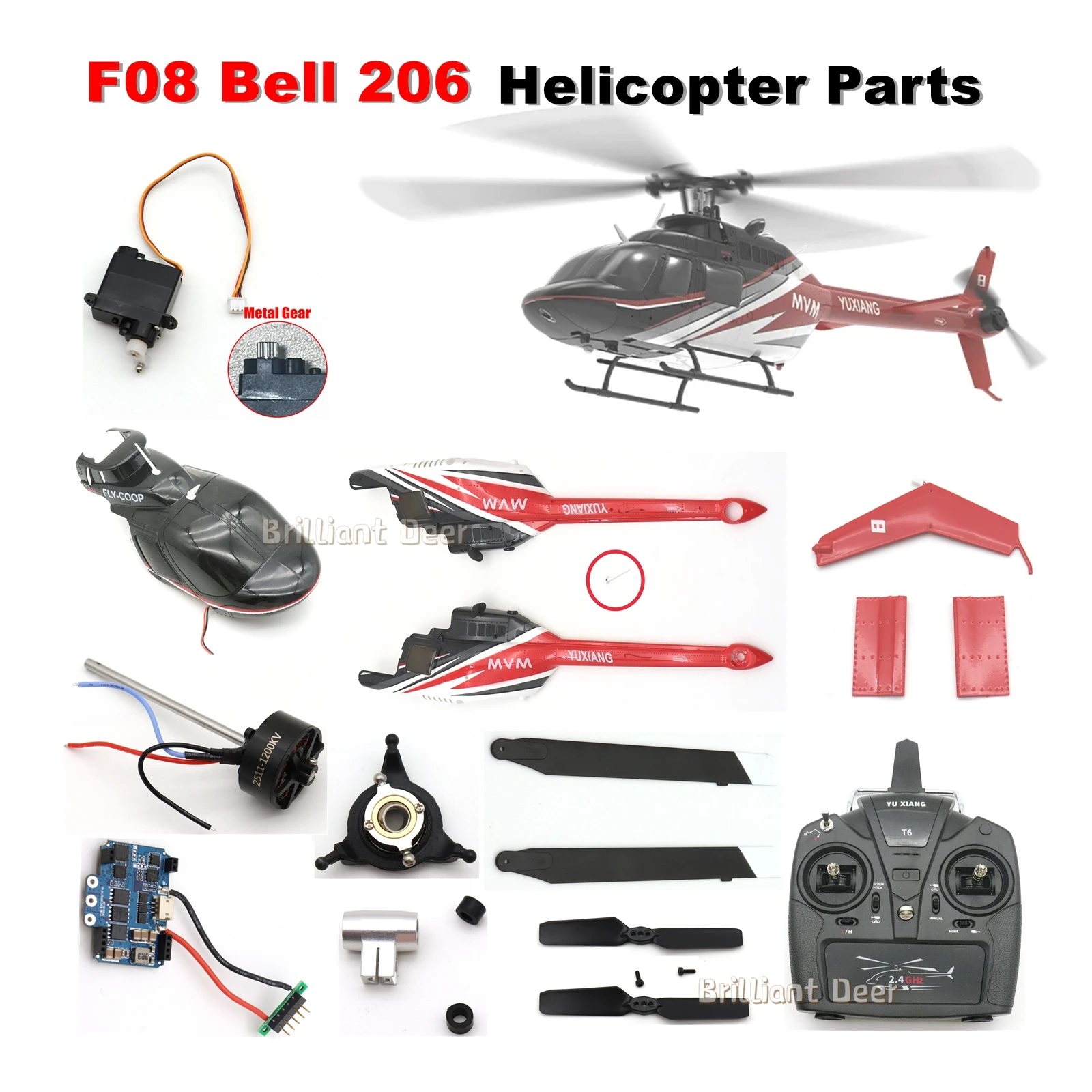 

Original Parts for F08 Bell206 Helicopter Main Blade Rotor Head Servo Motor Flight Control Board Transmitter