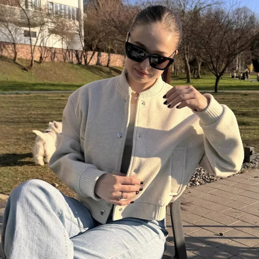 KIDCRKJ 캐주얼 여성 봄 봄버 코트 라운드 넥 버튼 풀 슬리브 여성 파일럿 재킷 인스타그램 스타일 여성용 모터사이클 재킷