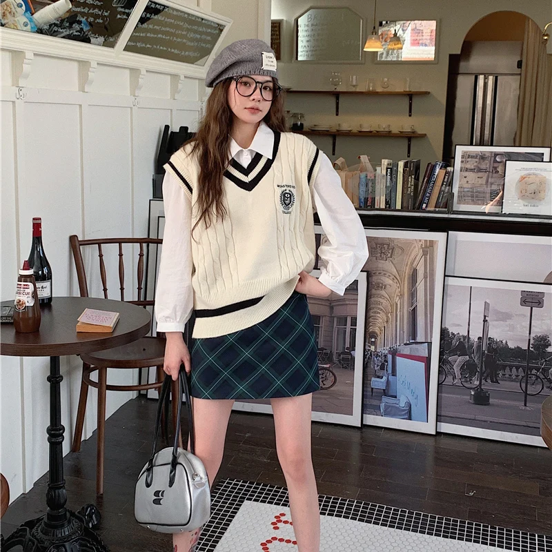 Vintage Skirt Women Zipper High Street Geometric A-line Slim Sweet V-neck Vest Casual White Long Sleev Single Breasted Shirt