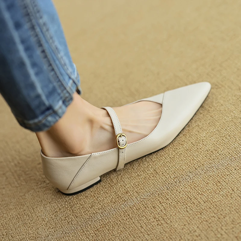 Pointed Toe Simple Shoes Women Flats  French Style  One Strap Sheepskin Women Shoes New Spring Atumn Slip On Simple Shoes