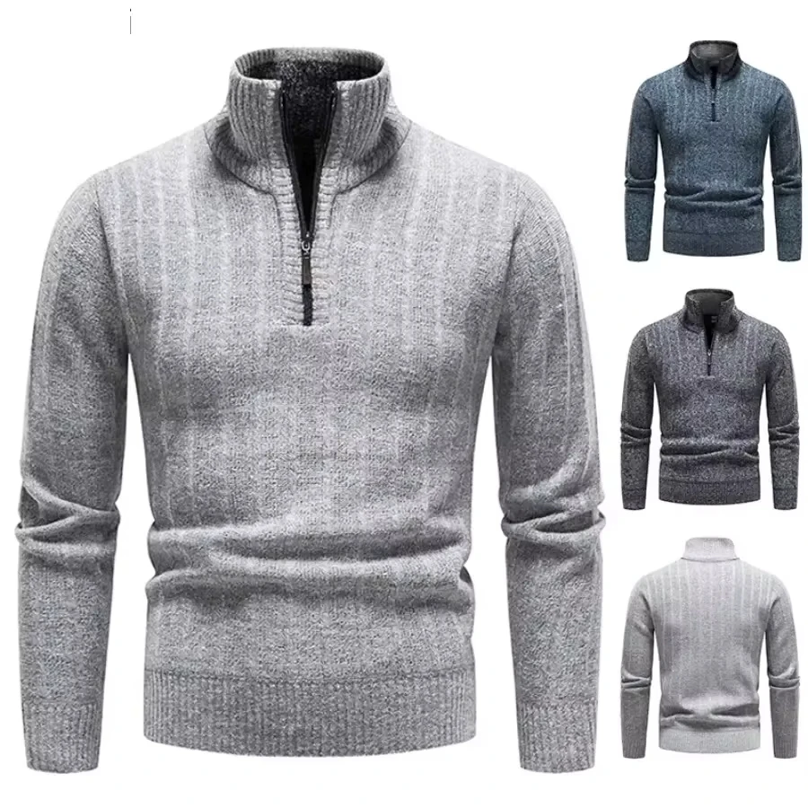 New  Men's Warm Swearters Fashion Half Zip Knitwear Pullovers Winter Thicker Fleece Solid Thermal Knitted Sweaters for Men
