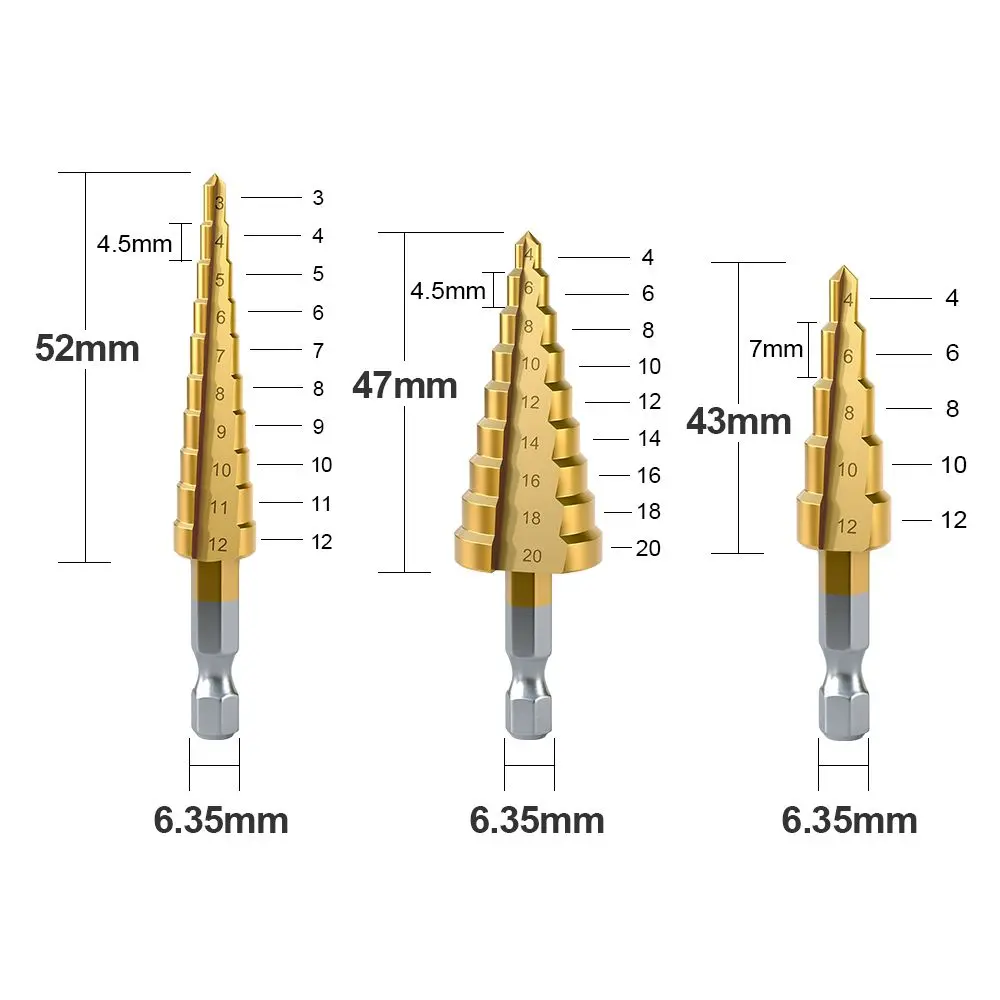 Hss Steel Titanium Coated Step Drill Bits 3-12mm 4-12mm 4-20mm Step Cone Cutting Tools Steel Wood Metal Drilling Power Set