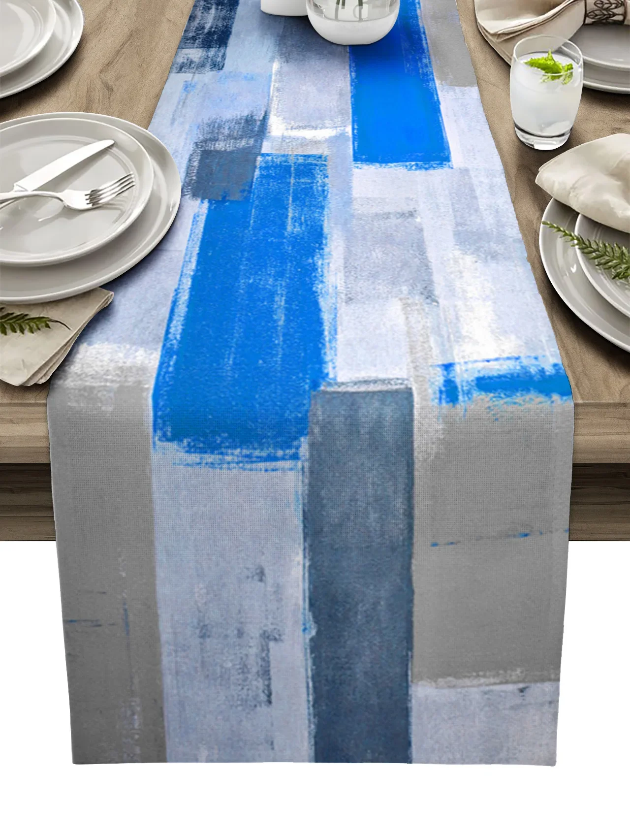 Oil Painting Abstract Geometric Blue Linen Table Runners Kitchen Table Decoration Dining Table Runner Wedding Party Supplies