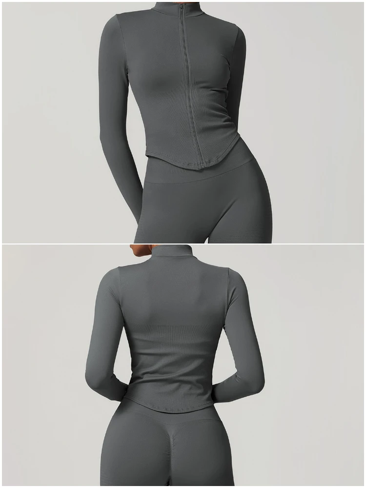 VITALINOVO Damen Cropped Running Workout Jacken mit Reißverschluss, schmal geschnittene Sportjacken mit Daumenlöchern, nahtlose, dehnbare Trainingsjacken – Detail 9