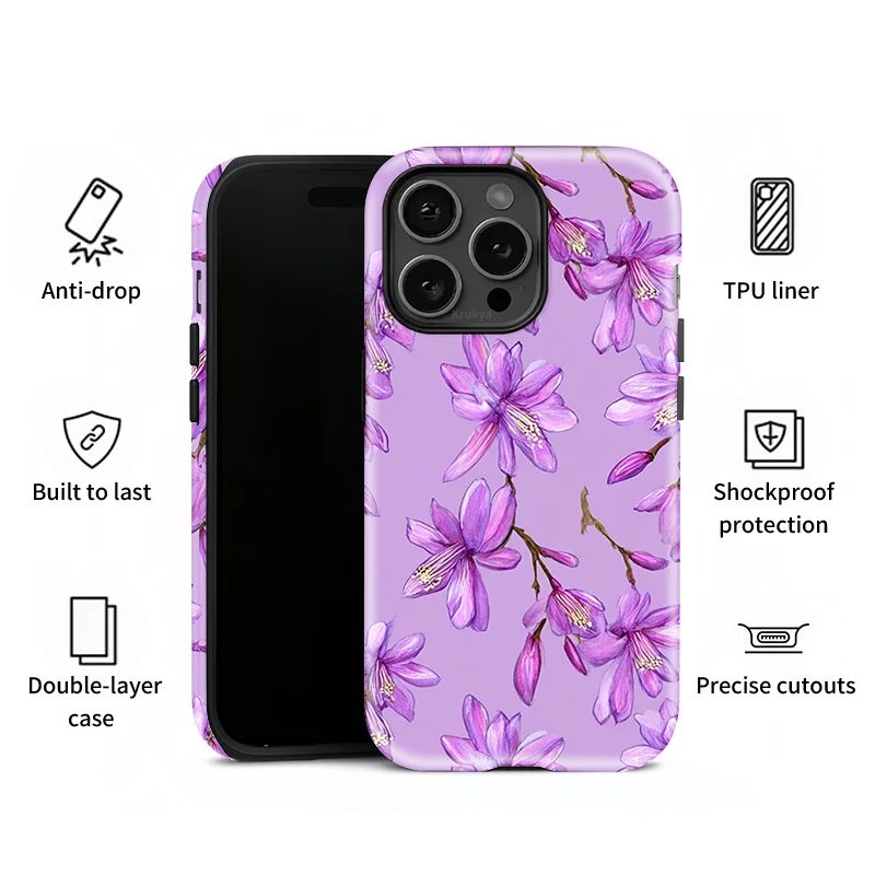 Krukya الأرجواني زهرة طباعة جراب هاتف آيفون 17 برو ماكس 17 الهواء 16 15 زائد XR XS SE 11 12 13 14 برو ماتي غطاء سيليكون #2