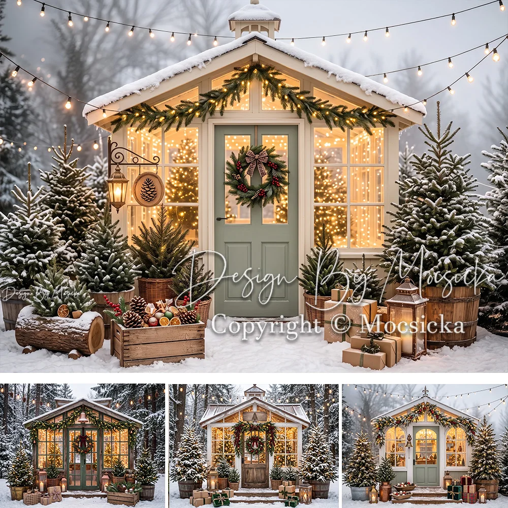 Mocsicka Backdrop Photography Christmas Snowy Cottage Door Wreath Light Greenhouse Background Winter Kids Holiday Studio Photo