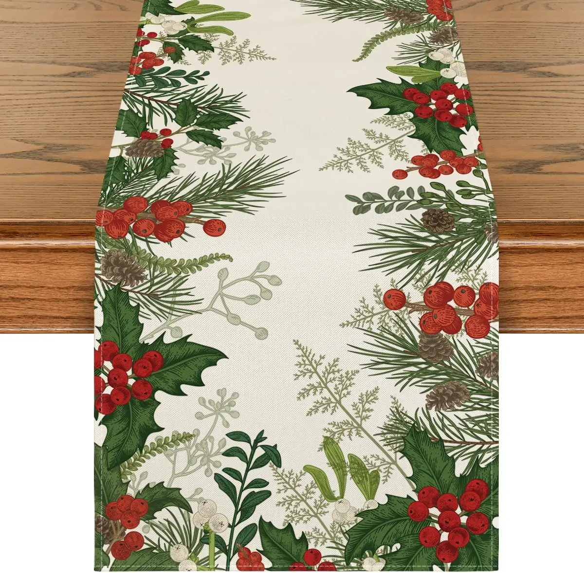 Christmas Holly Pine Cone Linen Table Runner Dresser Scarf for Winter Kitchen Party Dining Table Decor Navidad Decorations 2025